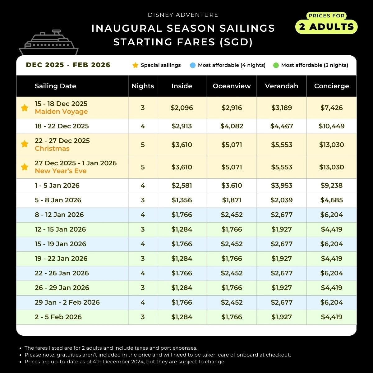 Disney Adventure Dec 2025 to Feb 2026 Itineraries & Pricing